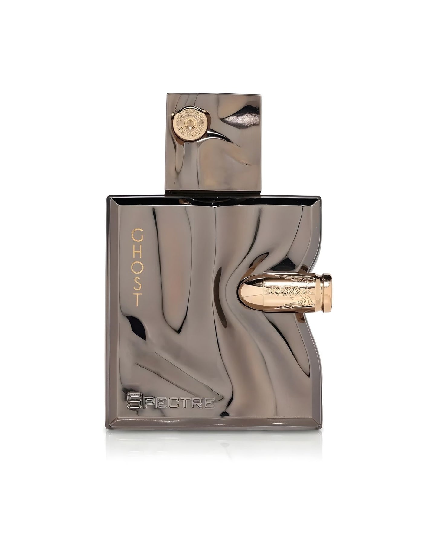 A rectangular perfume bottle labeled "Ghost Spectre," featuring a reflective, wavy gunmetal chrome finish and a gold-colored bullet embedded in the side, against a white background.