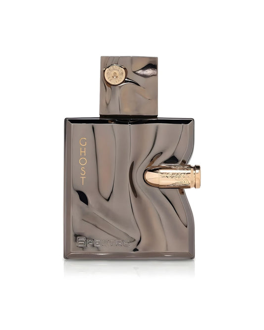 A rectangular perfume bottle labeled "Ghost Spectre," featuring a reflective, wavy gunmetal chrome finish and a gold-colored bullet embedded in the side, against a white background.