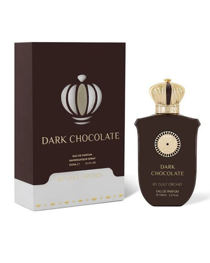 Dark Chocolate by Gulf Orchid Eau de Parfum 100ml bottle shown alongside its elegant brown and white display box.