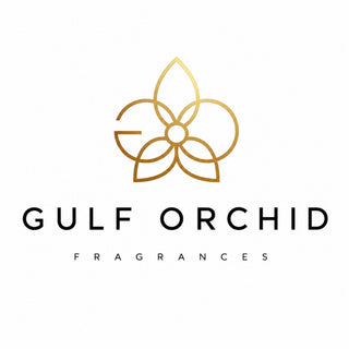 Official Gulf Orchid Fragrances brand logo featuring a gold line-art orchid emblem above modern black typography.