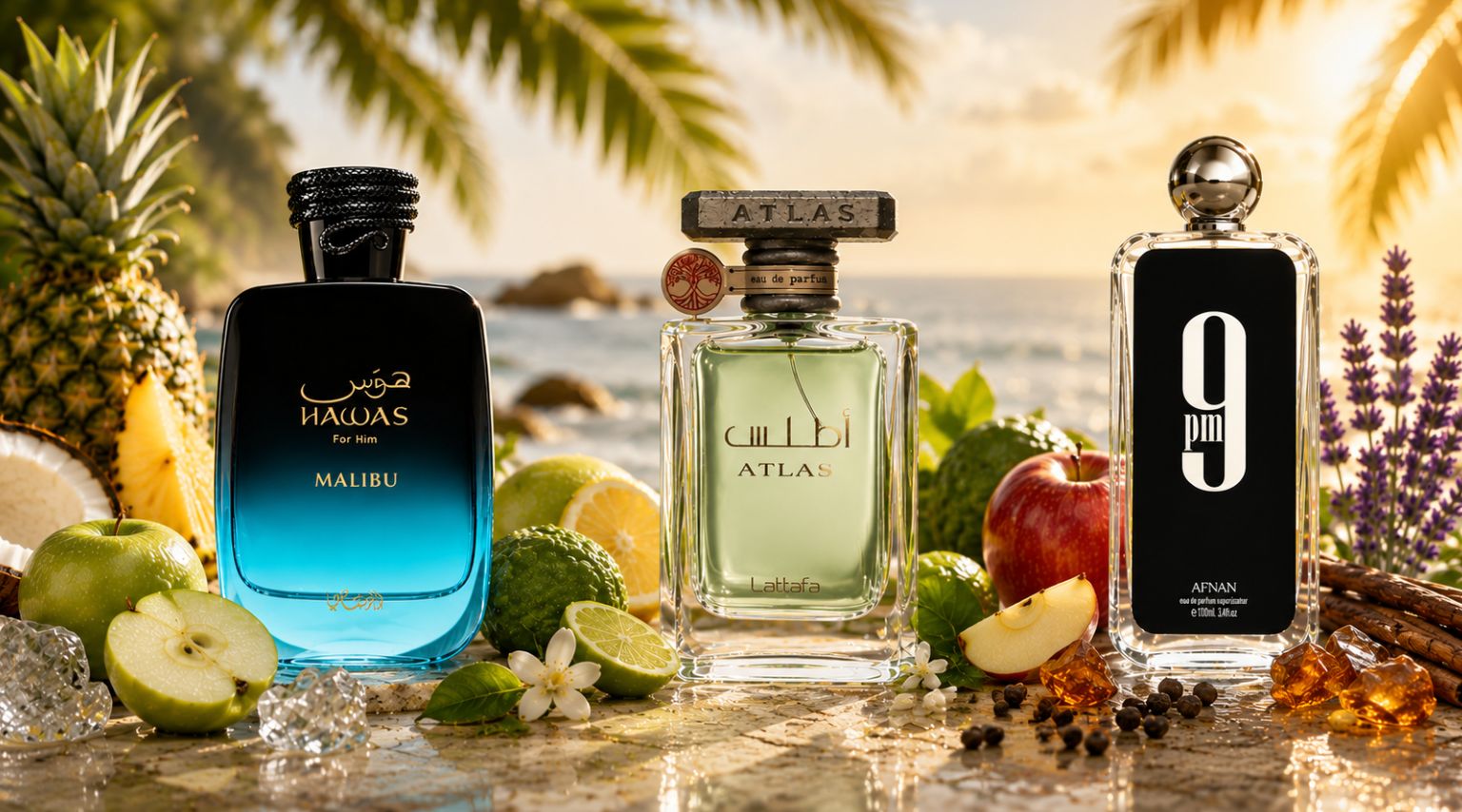 Rasasi Hawas Malibu, Lattafa Atlas Eau de Parfum, and Afnan 9 PM men's fragrance bottles arranged with fresh fruit and spice ingredients.