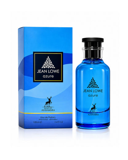 Jean Lowe Azure Eau de Parfum 100ml bottle by Maison Alhambra standing next to its blue presentation box on a white background.