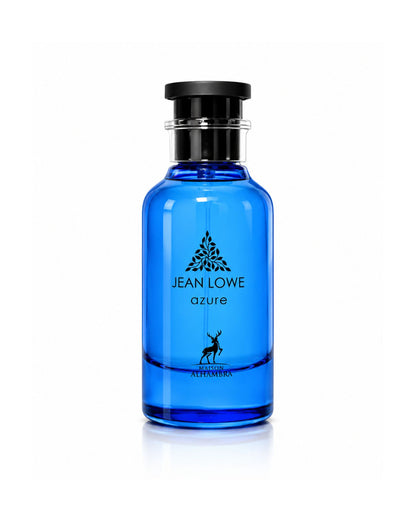 A blue glass bottle of Jean Lowe Azure Eau de Parfum by Maison Alhambra with a black cap against a white background.