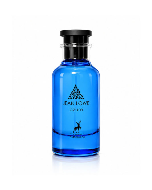 A blue glass bottle of Jean Lowe Azure Eau de Parfum by Maison Alhambra with a black cap against a white background.