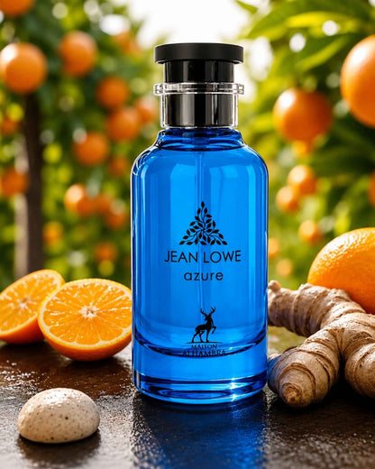 A blue bottle of Jean Lowe Azure perfume by Maison Alhambra styled with fresh cut oranges and ginger roots in an outdoor orange grove setting.