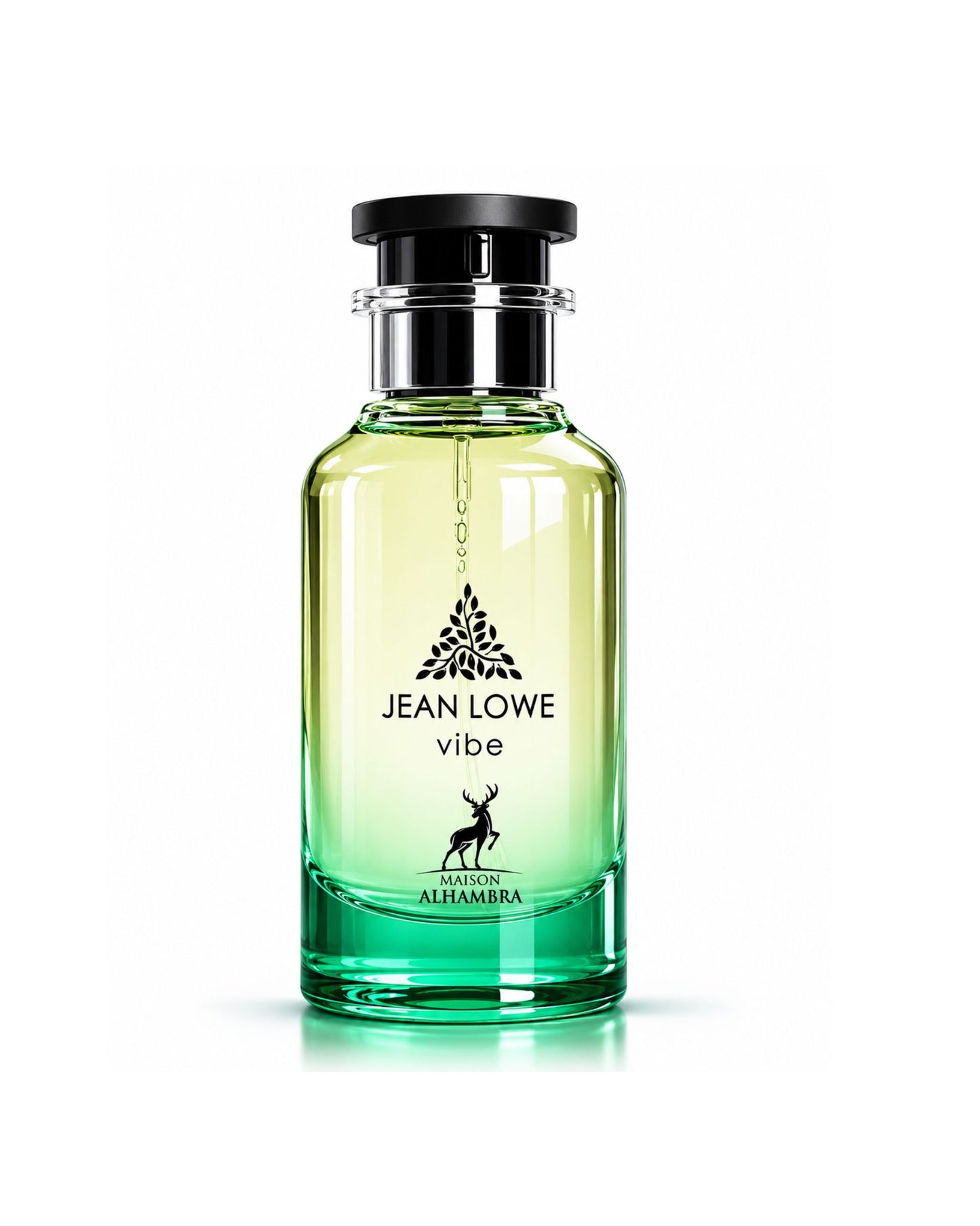 A bottle of Jean Lowe Vibe Eau de Parfum by Maison Alhambra, featuring a green and yellow gradient glass bottle with a black cap and stag logo.