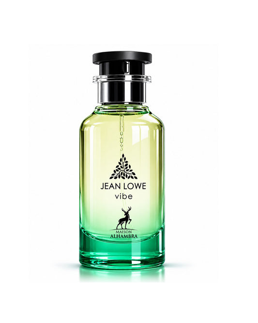 A bottle of Jean Lowe Vibe Eau de Parfum by Maison Alhambra, featuring a green and yellow gradient glass bottle with a black cap and stag logo.