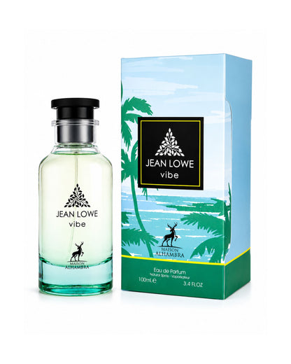 A 100ml bottle of Jean Lowe Vibe Eau de Parfum by Maison Alhambra standing next to its retail packaging box featuring a tropical palm tree design.