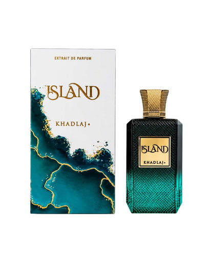 Khadlaj Island Extrait De Parfum bottle next to its white and teal luxury packaging box