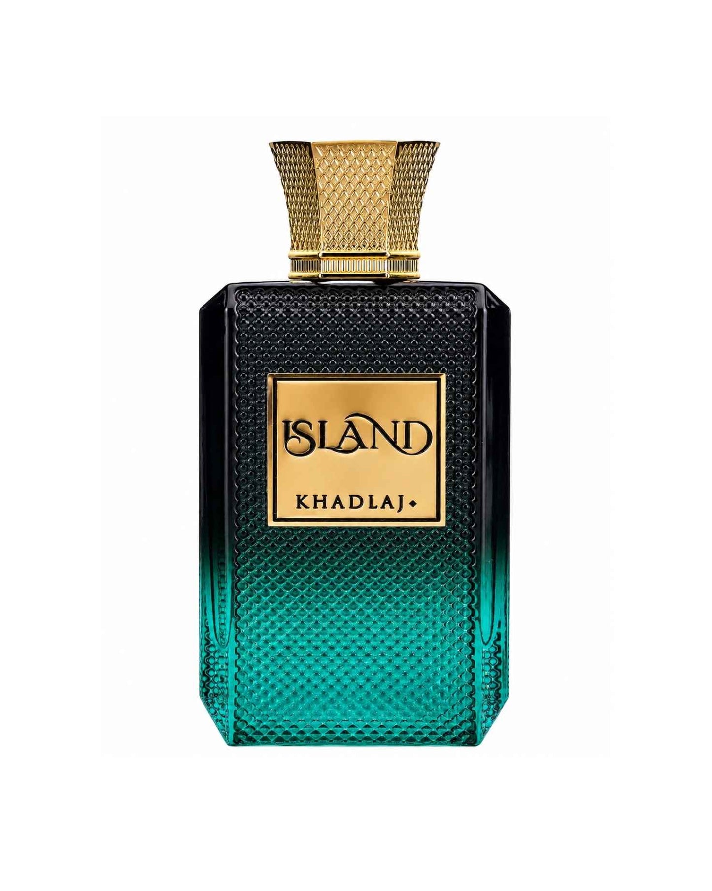 Khadlaj Island Extrait De Parfum textured green and black glass bottle with gold cap