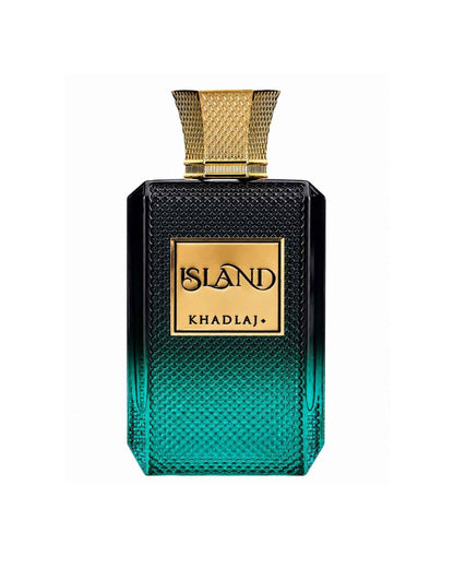 Khadlaj Island Extrait De Parfum textured green and black glass bottle with gold cap
