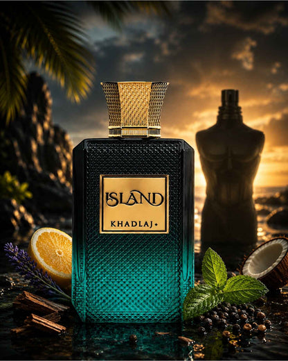 Khadlaj Island Extrait De Parfum bottle surrounded by citrus, coconut, mint, and lavender notes on a beach at sunset.