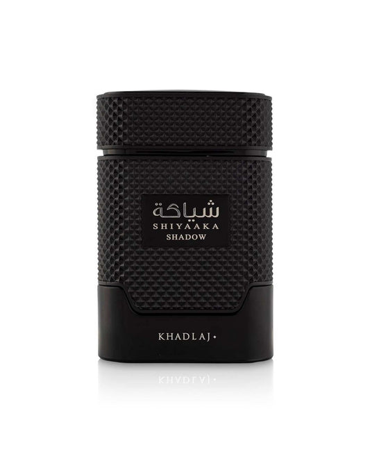 Front view of Shiyaaka Shadow by Khadlaj, a long-lasting men's fragrance featuring a matte black diamond-patterned bottle design.
