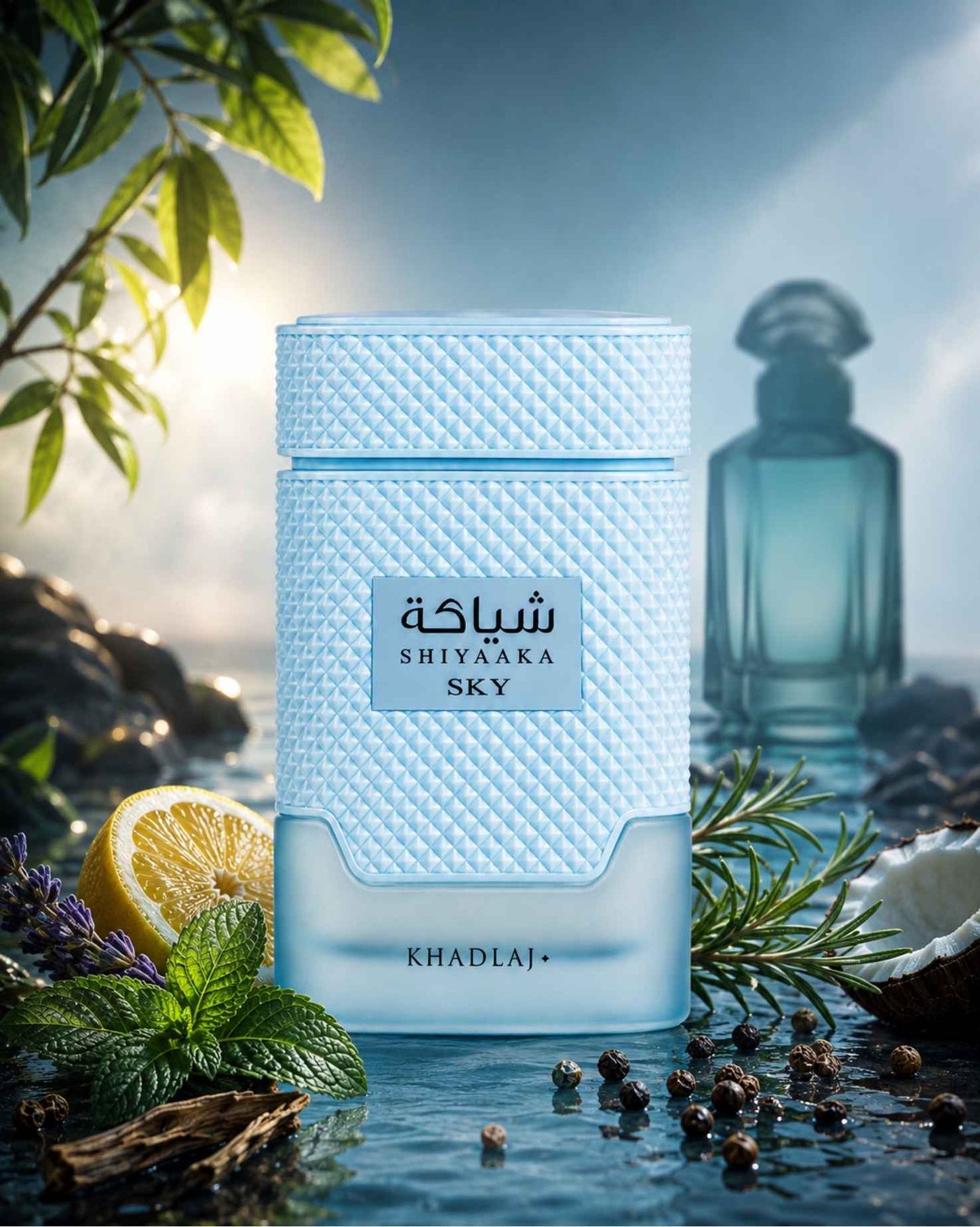 Khadlaj Shiyaaka Sky perfume bottle surrounded by citrus, mint, coconut, lavender, and rosemary fragrance notes