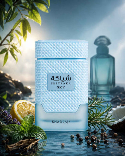 Khadlaj Shiyaaka Sky perfume bottle surrounded by citrus, mint, coconut, lavender, and rosemary fragrance notes