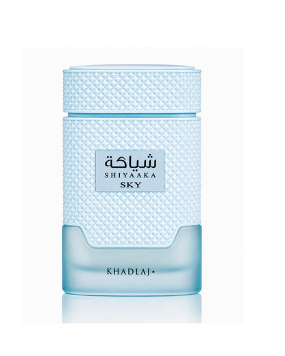 Khadlaj Shiyaaka Sky Eau De Parfum light blue textured bottle with frosted glass base
