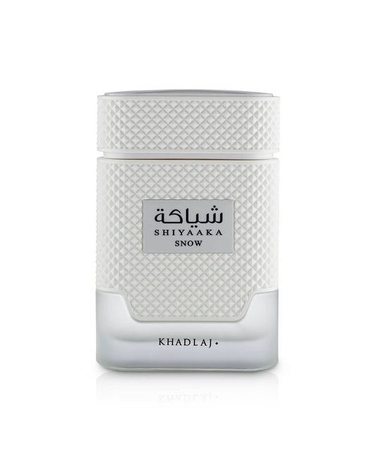 Khadlaj Shiyaaka Snow Eau de Parfum for Men in a textured white and frosted glass bottle with silver accents.