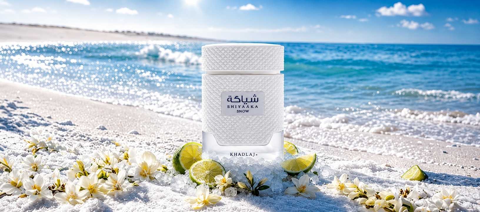 White bottle of Khadlaj Shiyaaka Snow perfume displayed on a sandy beach surrounded by white flowers and lime slices.