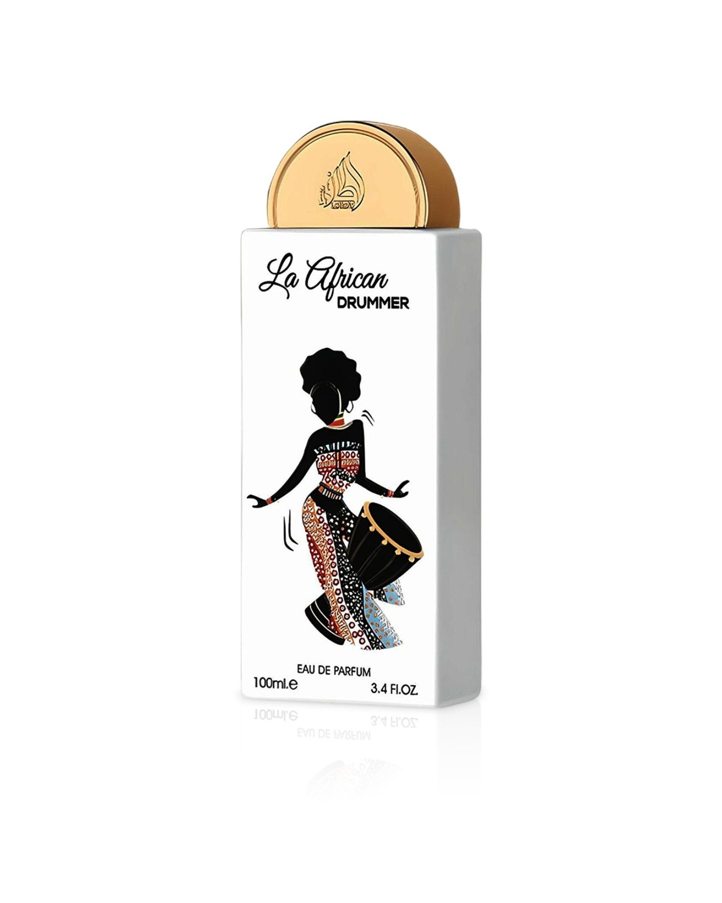 Lattafa la African Drummer Eau De Parfum by Lattafa Al Umr, 100ml white bottle featuring an illustration of a woman in traditional African attire playing a drum with a gold cap.