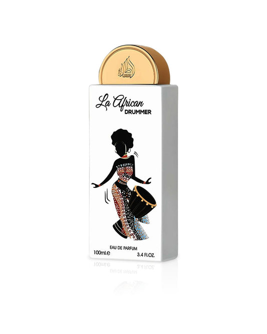 Lattafa la African Drummer Eau De Parfum by Lattafa Al Umr, 100ml white bottle featuring an illustration of a woman in traditional African attire playing a drum with a gold cap.