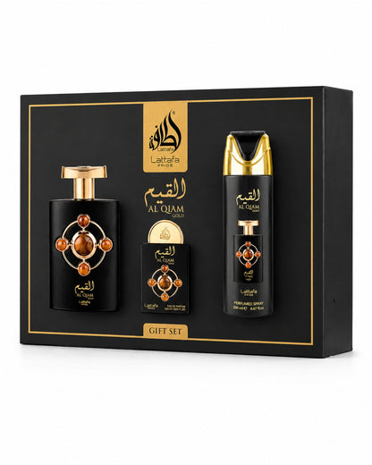 Lattafa Pride Al Qiam Gold gift set including Eau de Parfum, miniature travel spray, and body spray in black and gold packaging.