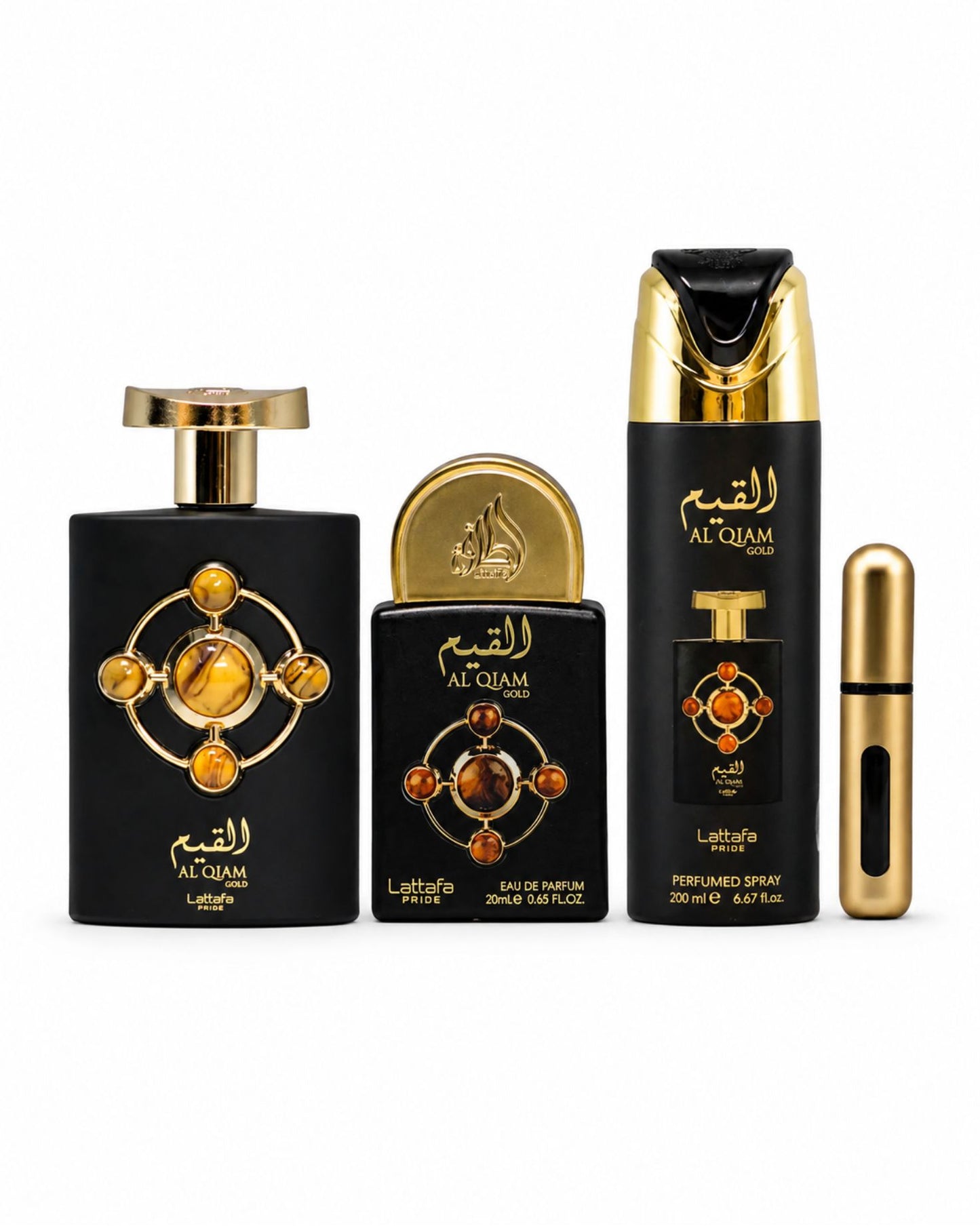 Lattafa Al Qiam Gold perfume bottle, pocket spray, body spray, and atomizer.
