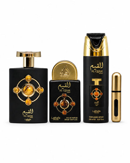 Lattafa Al Qiam Gold perfume bottle, pocket spray, body spray, and atomizer.