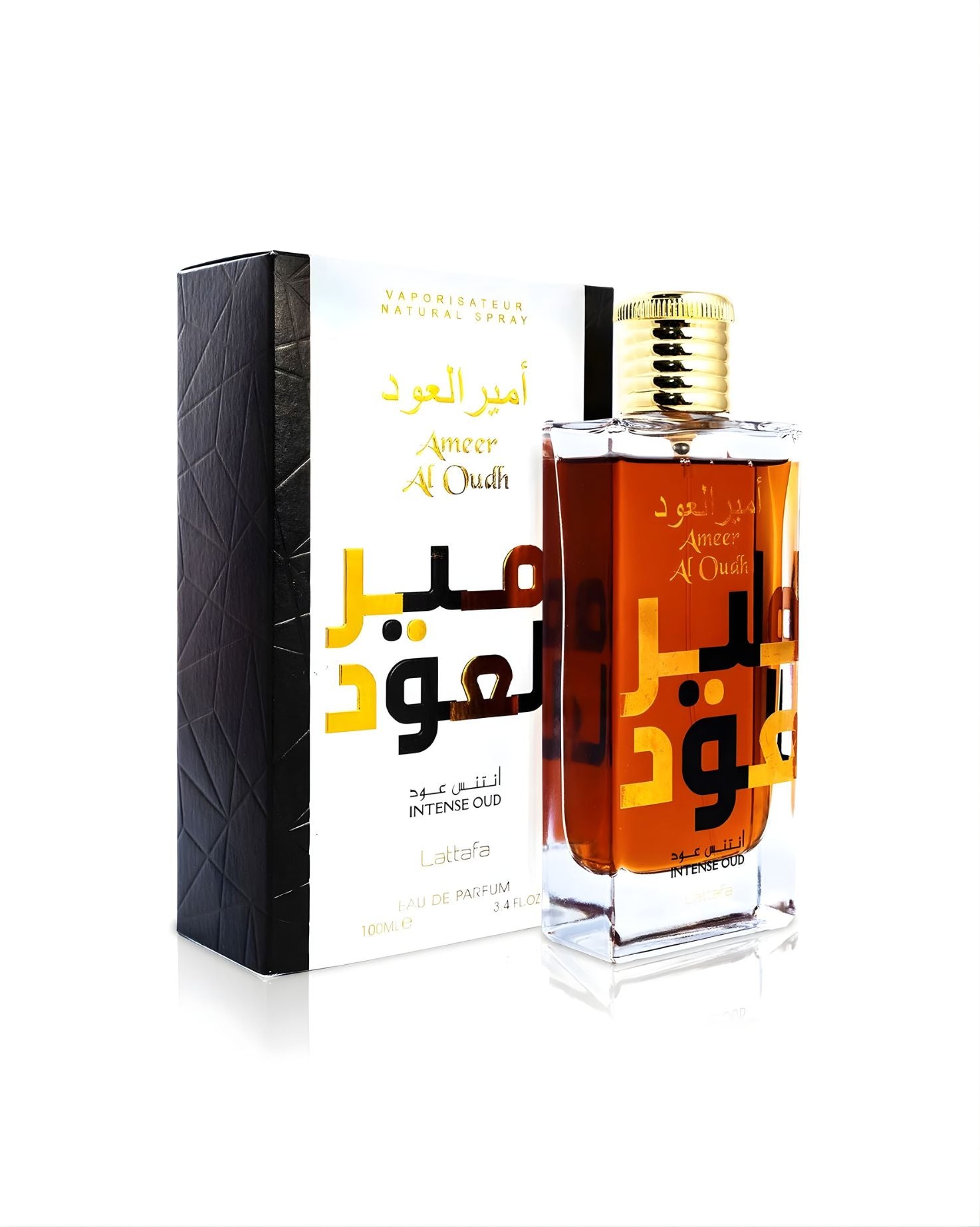 attafa Ameer Al Oudh Intense Oud Edp perfume bottle and its white and black textured box.