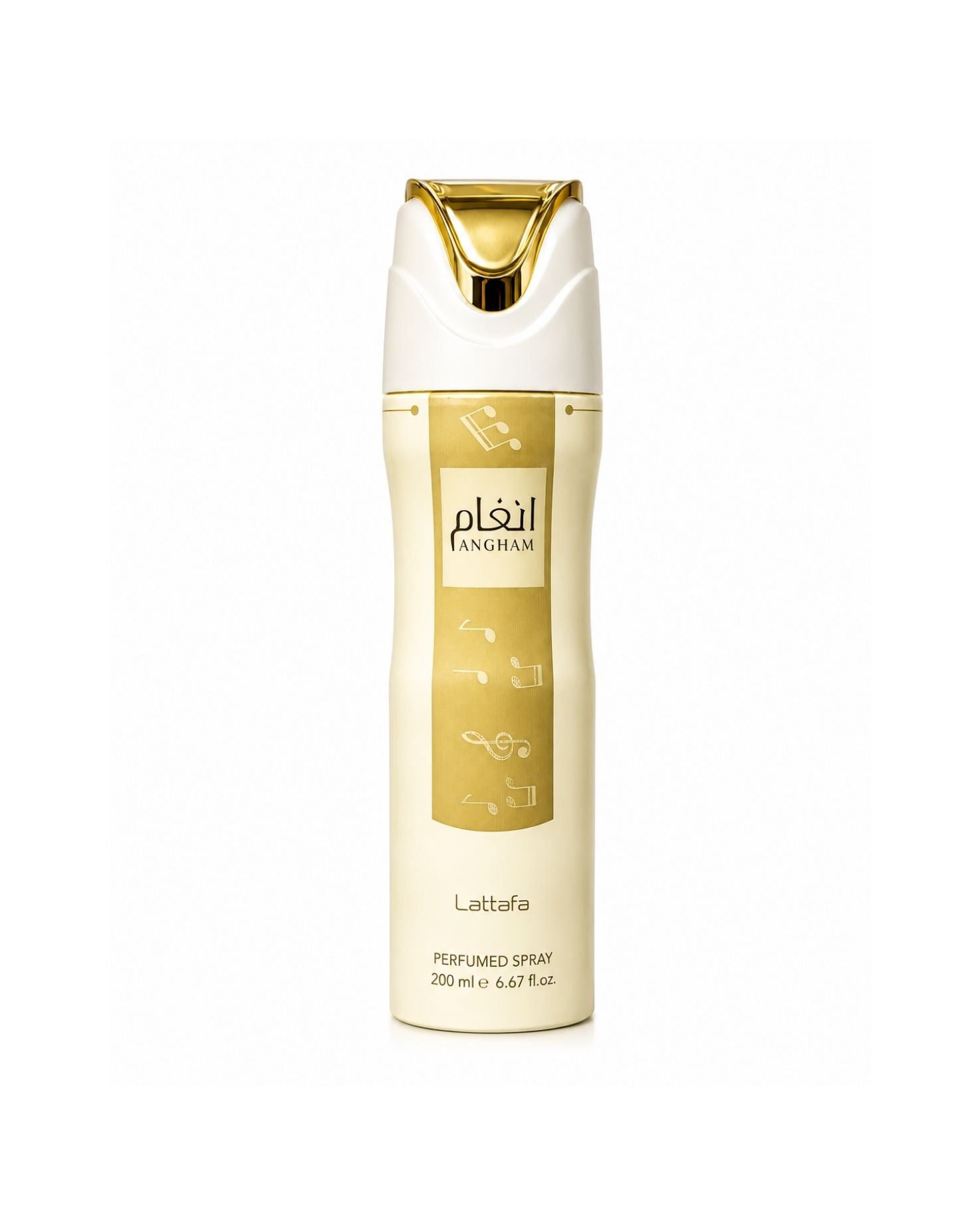 Lattafa Angham body spray 200ml canister with gold accents.