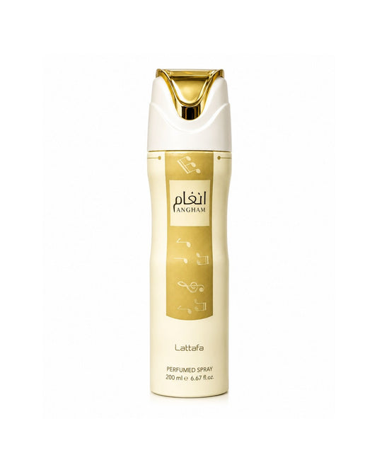 Lattafa Angham body spray 200ml canister with gold accents.