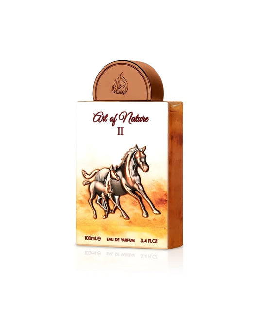Lattafa Art of Nature II Eau De Parfum 100ml bottle featuring a bronze horse and foal design on a white and gold background.
