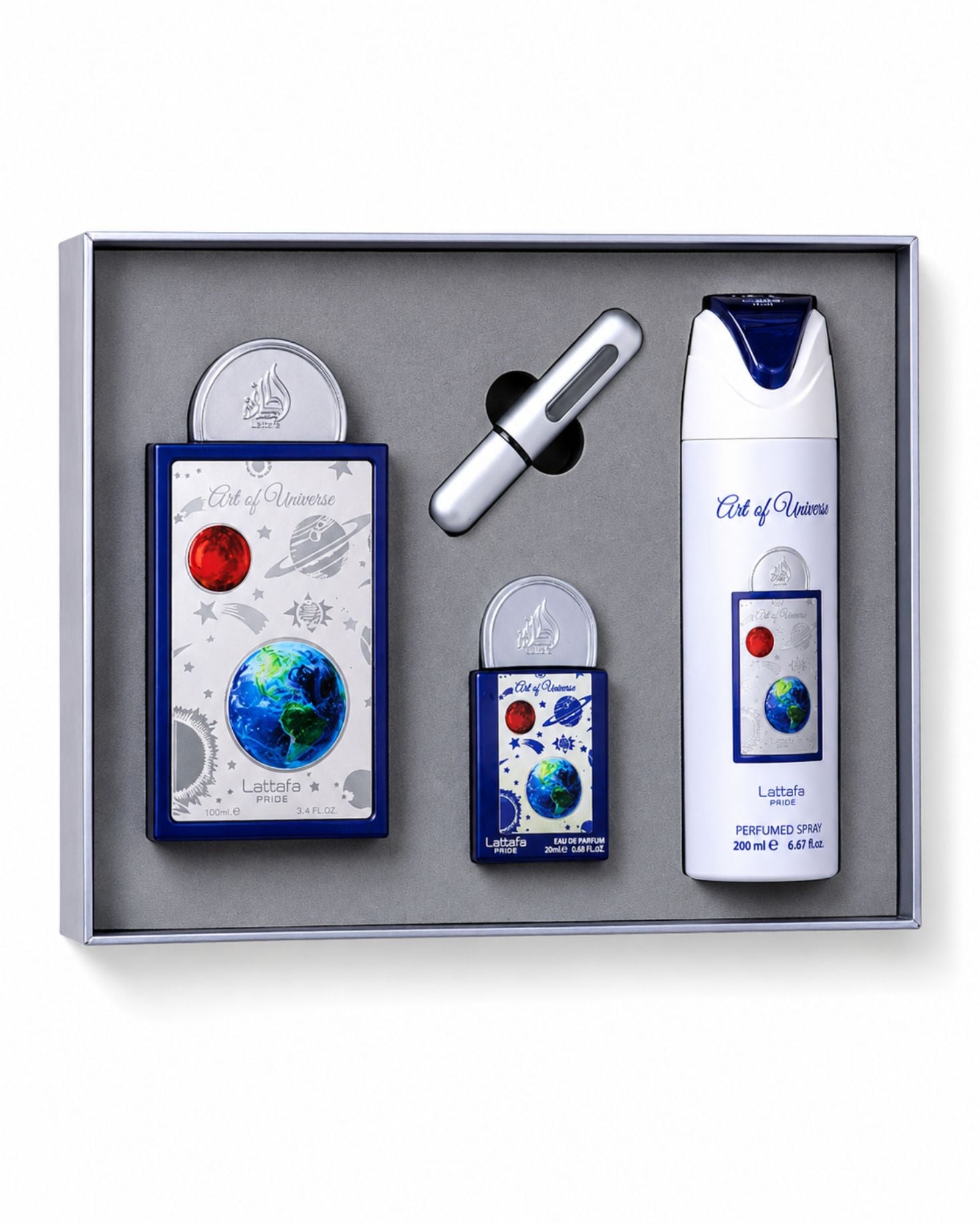 Open Lattafa Pride Art of Universe gift set displaying an Eau de Parfum bottle, pocket fragrance spray, silver travel spray atomizer, and body spray in a grey display tray.
