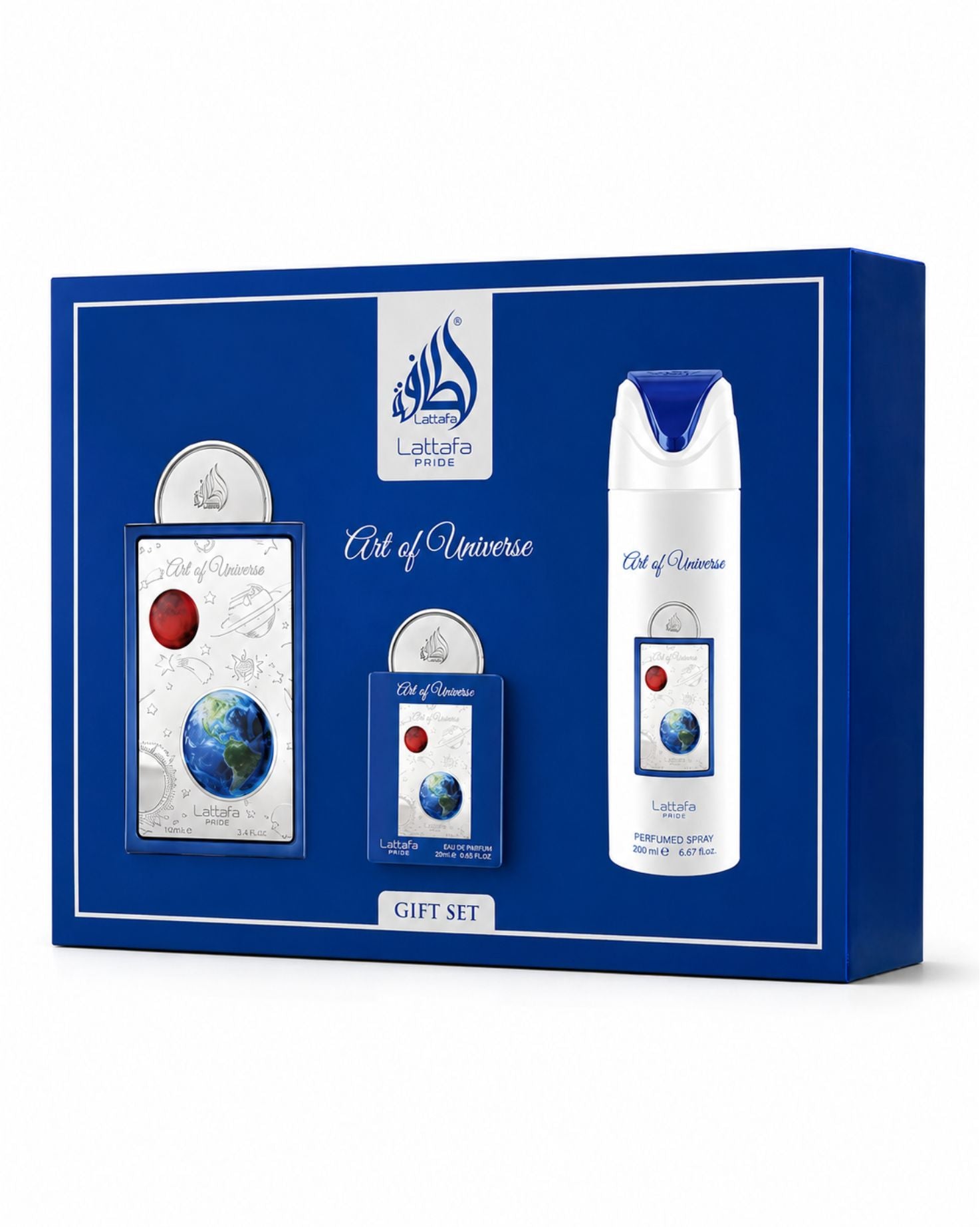 Lattafa Pride Art of Universe gift set in blue and silver packaging featuring an Eau de Parfum, miniature travel spray, and perfumed body spray.