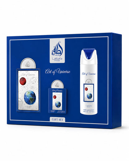 Lattafa Pride Art of Universe gift set in blue and silver packaging featuring an Eau de Parfum, miniature travel spray, and perfumed body spray.