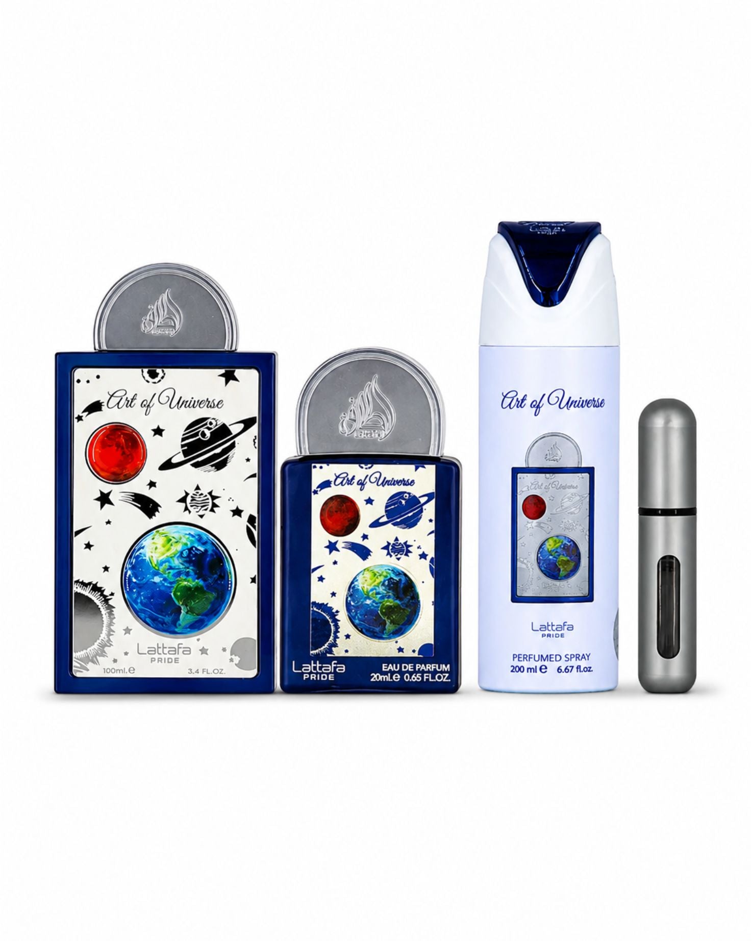 Lattafa Art of Universe perfume bottle, pocket spray, body spray, and travel atomizer.