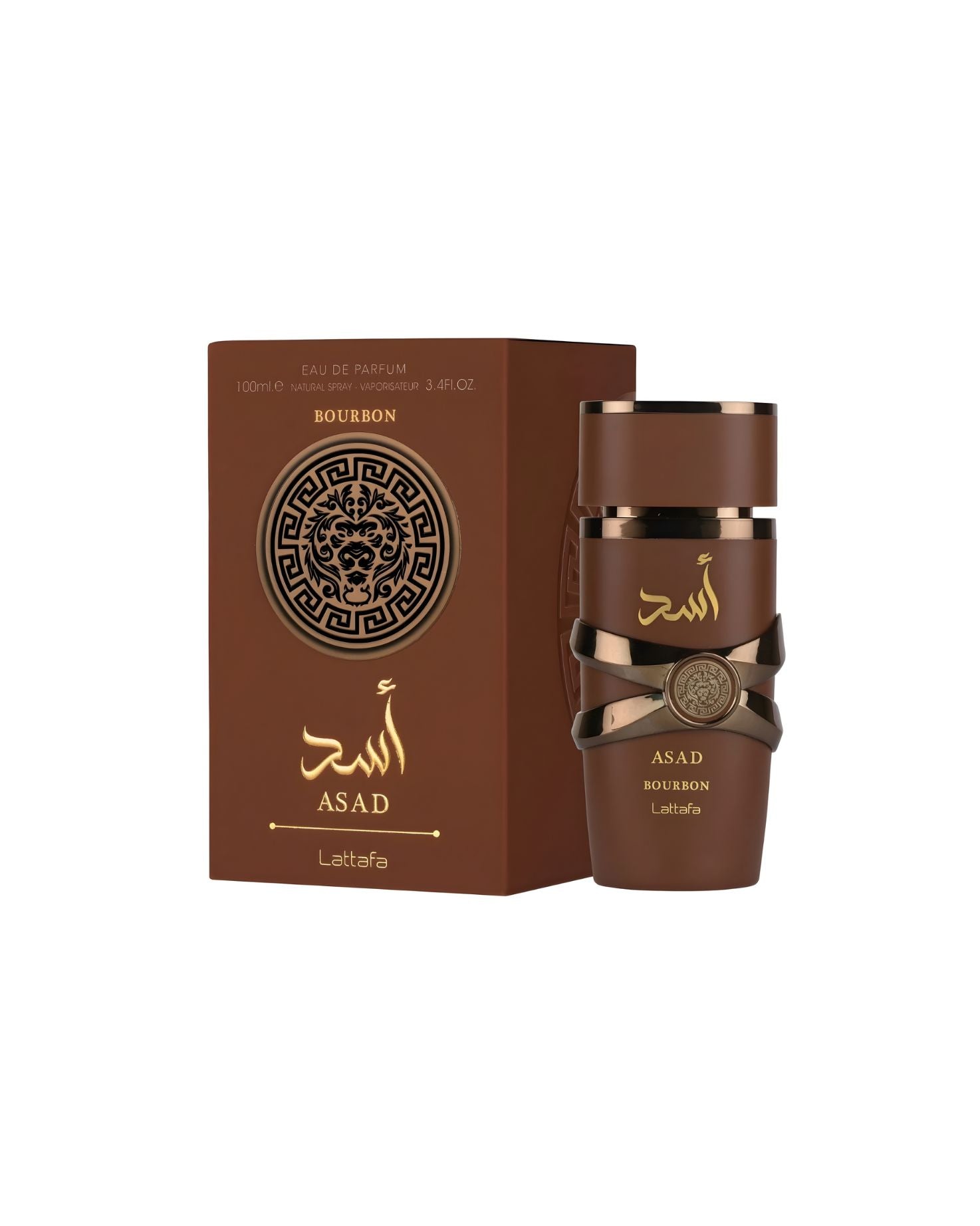 Lattafa Asad Bourbon perfume bottle with matching brown and gold box featuring lion emblem design on white background
