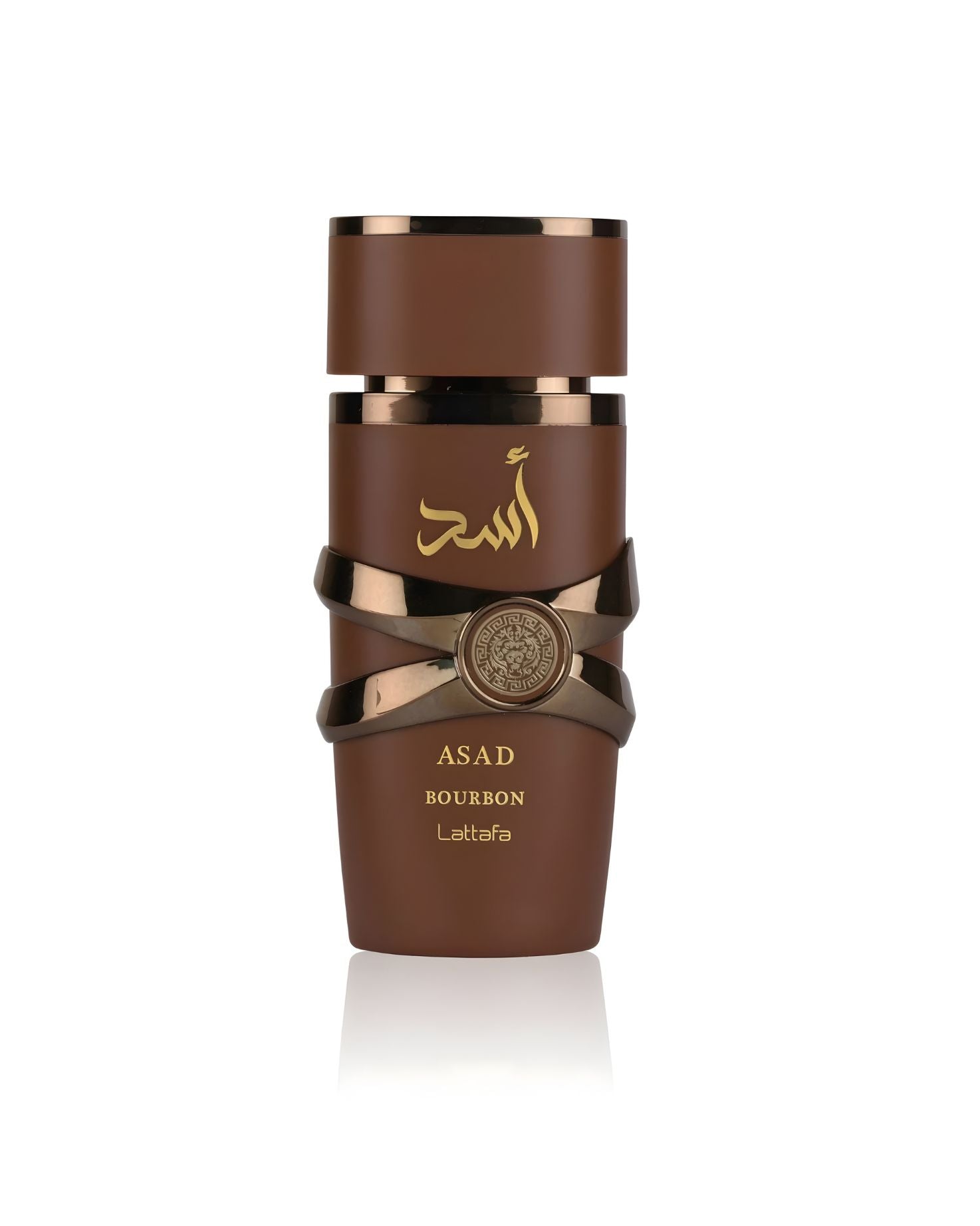 Lattafa Asad Bourbon perfume bottle in rich brown and gold design with elegant detailing on white background