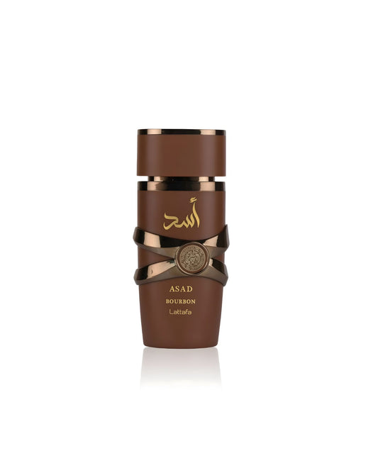 Lattafa Asad Bourbon perfume bottle in rich brown and gold design with elegant detailing on white background