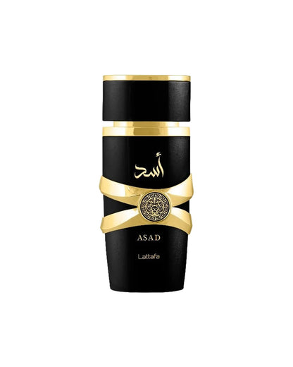 Lattafa Asad perfume bottle in elegant black and gold design with Arabic text and decorative emblem on white background