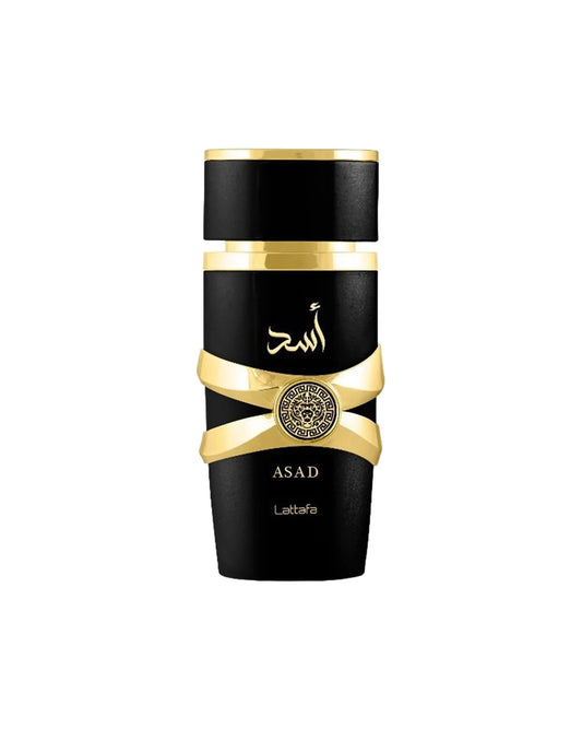 Lattafa Asad perfume bottle in elegant black and gold design with Arabic text and decorative emblem on white background