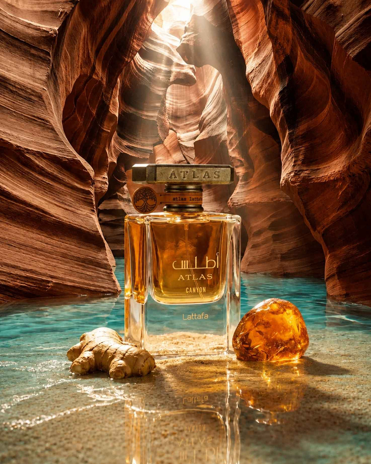 Lattafa Atlas Canyon Eau de Parfum bottle set inside a slot canyon above clear water with ginger root and raw amber stone.