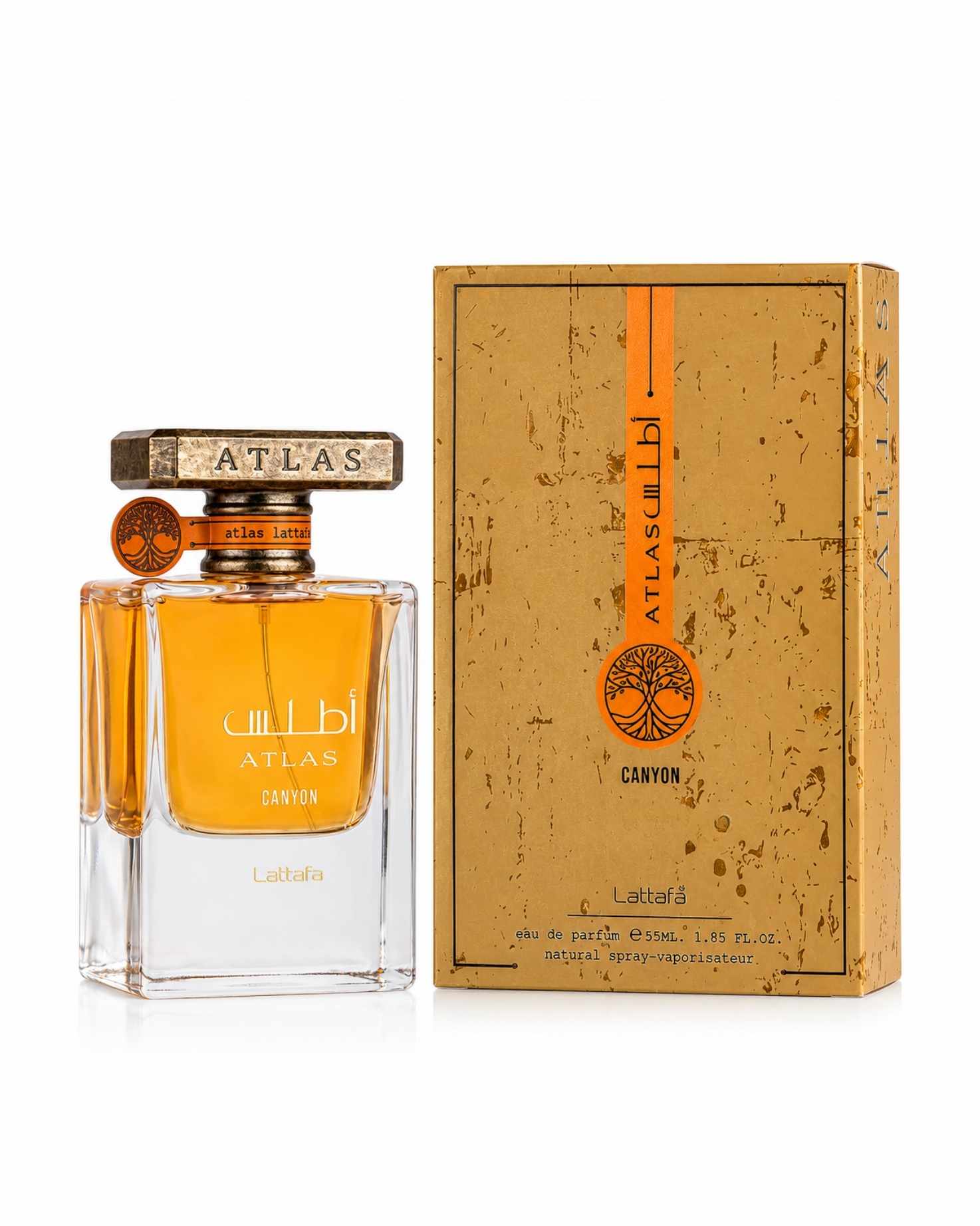 Lattafa Atlas Canyon EDP bottle standing next to its rustic gold and orange presentation box.