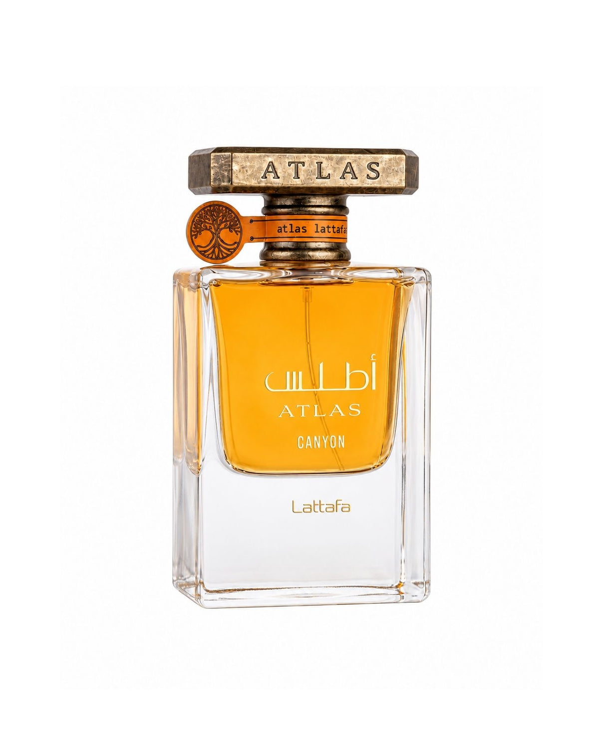 Lattafa Atlas Canyon EDP clear glass bottle filled with amber liquid and topped with a rustic bronze cap.