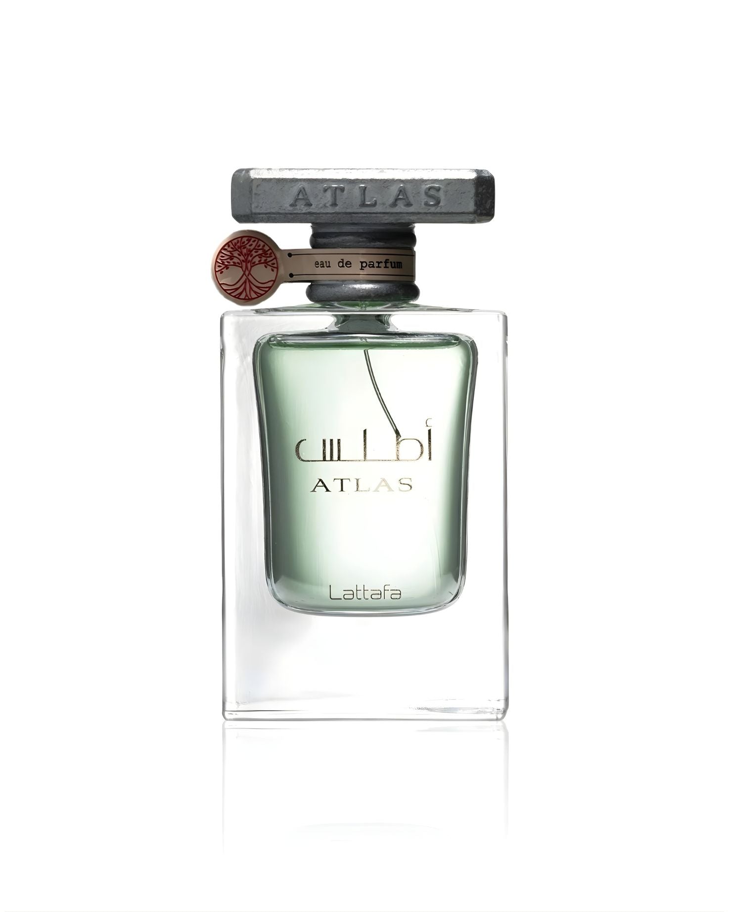 Lattafa Atlas Eau De Parfum in a clear glass bottle with light green liquid and a unique textured, rectangular industrial-style gray cap.