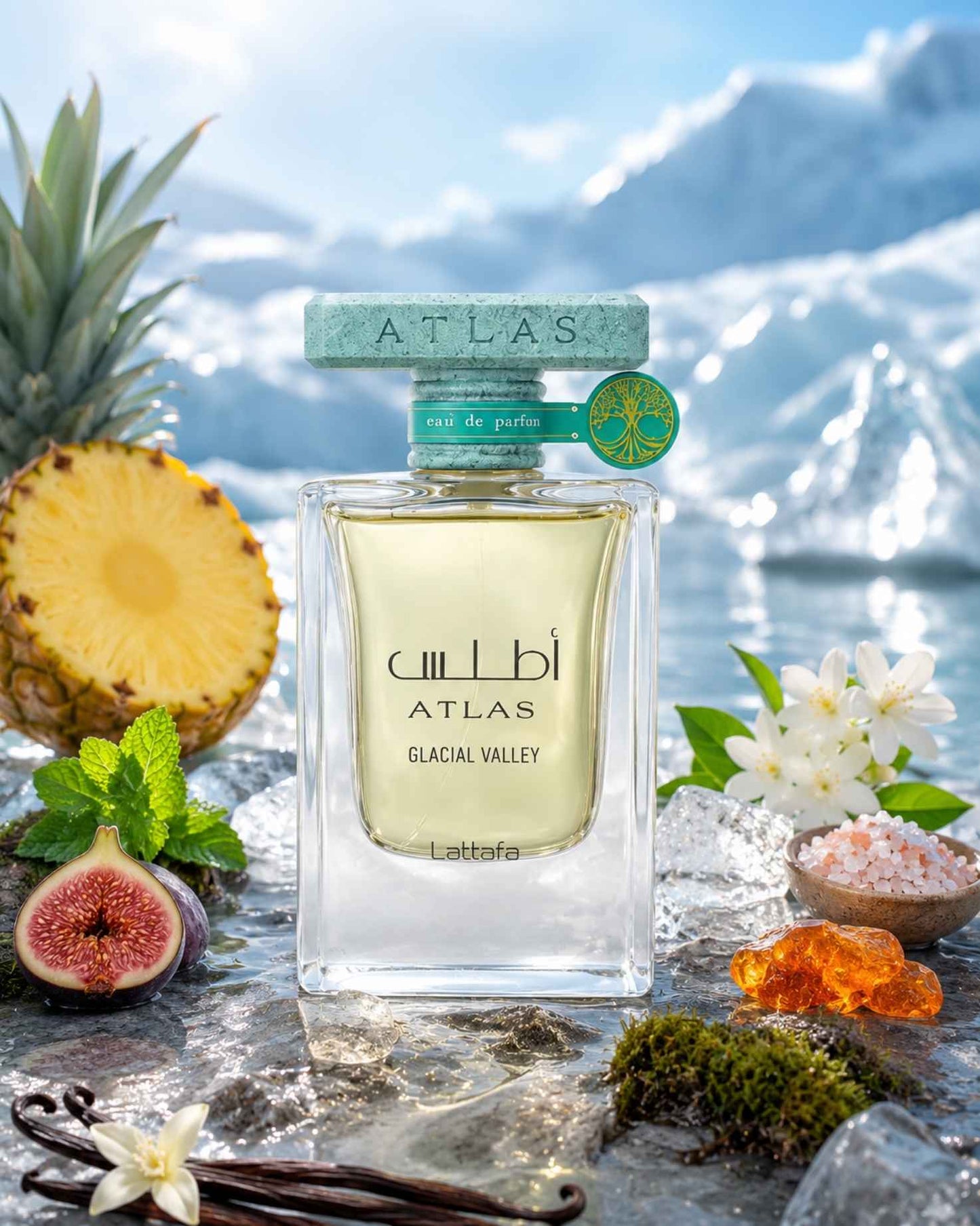 Lattafa Atlas Glacial Valley Eau de Parfum displayed over icy rocks with fragrance notes of sliced pineapple, fresh fig, mint, white flowers, vanilla pods, and pink sea salt.