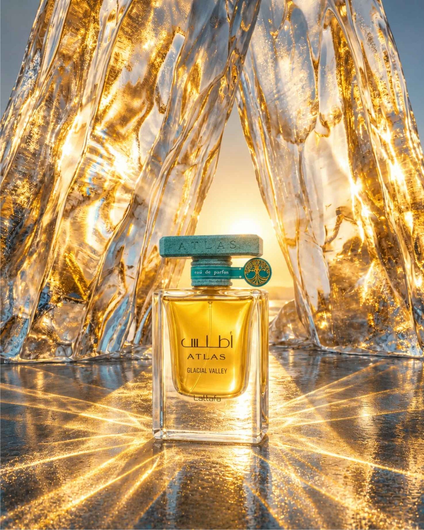 Lattafa Atlas Glacial Valley Eau de Parfum bottle framed by glowing golden ice formations with sunlight streaming through the backdrop.