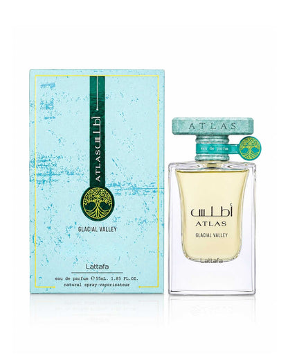 Lattafa Atlas Glacial Valley Eau de Parfum bottle standing next to its light blue and turquoise presentation box.