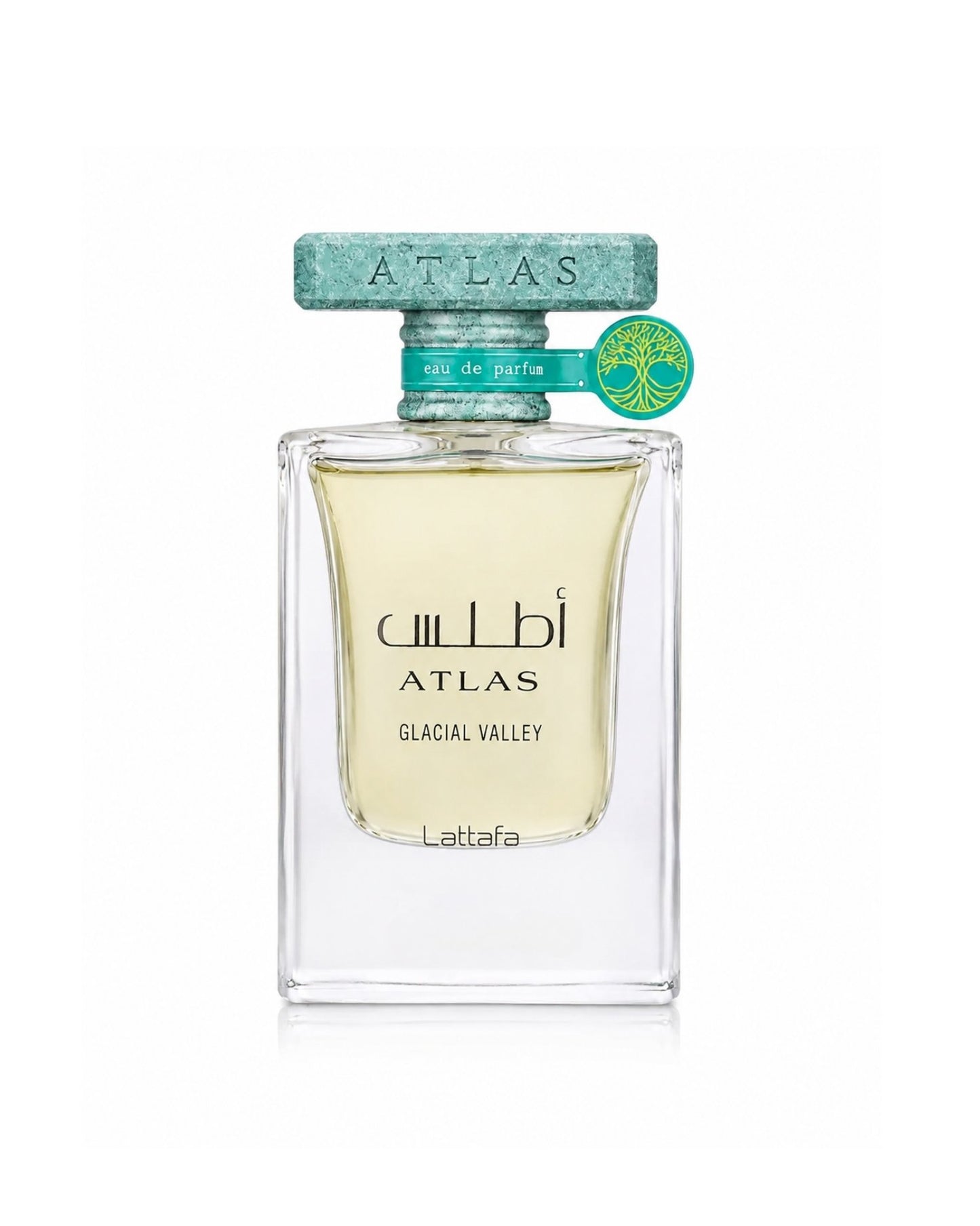 Lattafa Atlas Glacial Valley Eau de Parfum clear glass bottle filled with pale yellow fragrance and topped with a turquoise marbled cap.