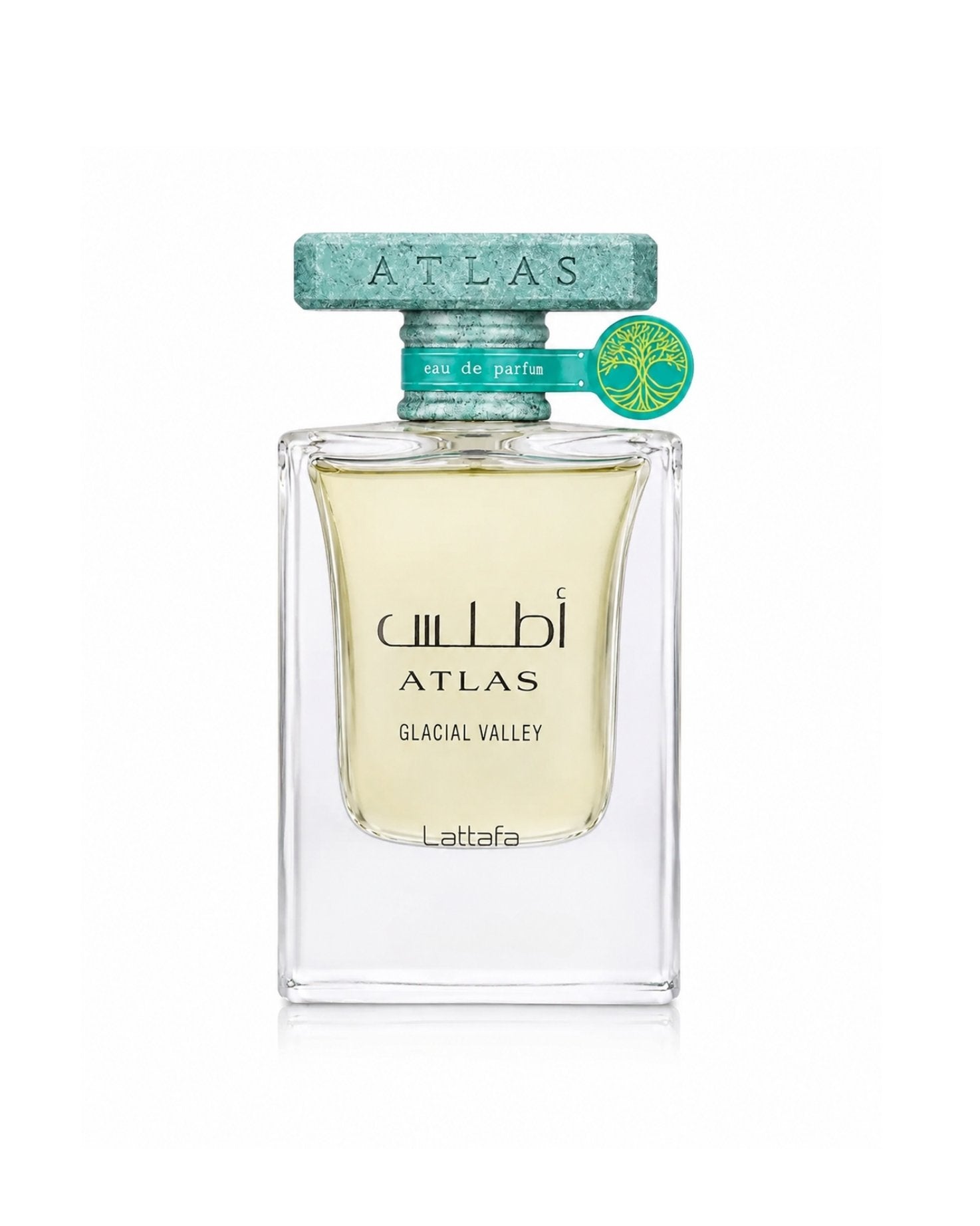 Lattafa Atlas Glacial Valley Eau de Parfum clear glass bottle filled with pale yellow fragrance and topped with a turquoise marbled cap.