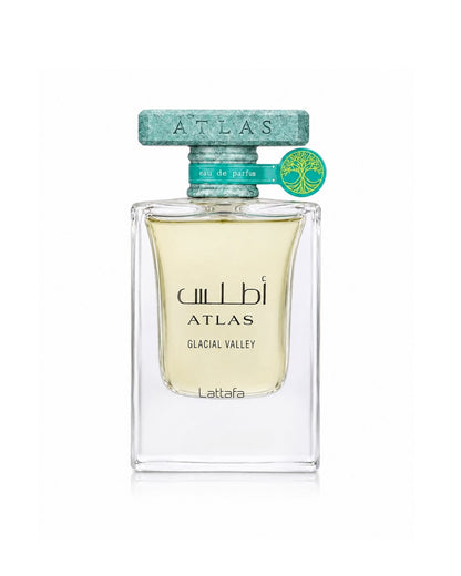 Lattafa Atlas Glacial Valley Eau de Parfum clear glass bottle filled with pale yellow fragrance and topped with a turquoise marbled cap.